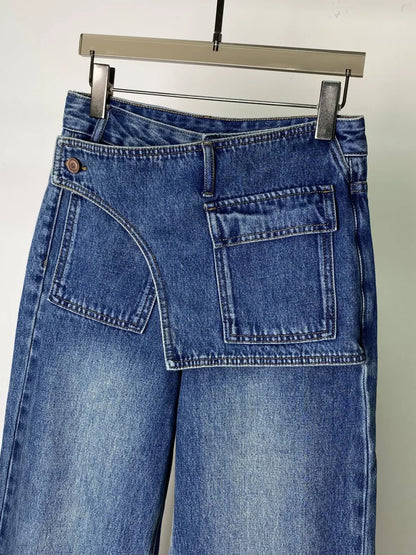 American Style Women's Vintage Washed Denim Pants High Waist Irregular Loose Wide Leg Trousers All-match Ladies Jeans