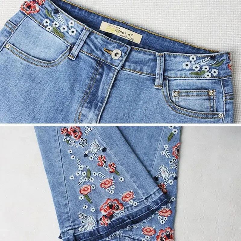 Embroidered Horn Jeans For women Summer 2025 New Light color Elastic High waisted Slim Denim Pants Female Casual Trousers