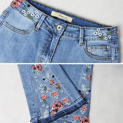 Embroidered Horn Jeans For women Summer 2025 New Light color Elastic High waisted Slim Denim Pants Female Casual Trousers
