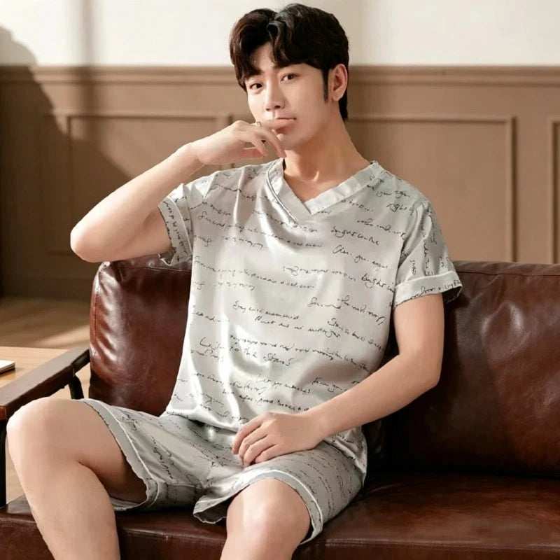 Men Summer New Fashion Print Pajamas Set Plus Size V-Neck Short Sleeve Shorts Men's Sleepwear