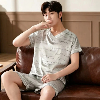 Men Summer New Fashion Print Pajamas Set Plus Size V-Neck Short Sleeve Shorts Men's Sleepwear