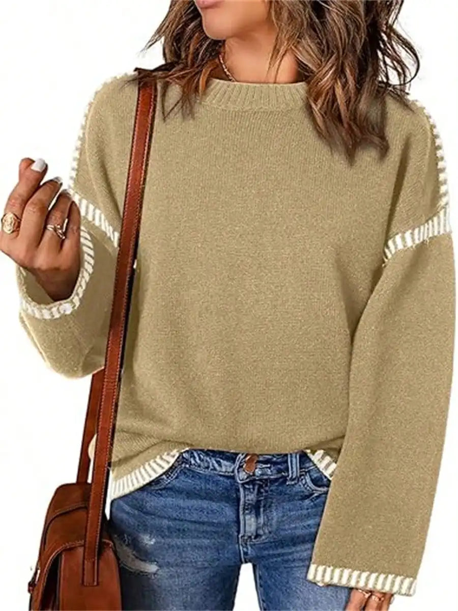 Sweaters For Women Fashion Solid Crewneck Pullover Loose Fit Long Sleeve Contrast Cable Knit Sweater Jumper Top