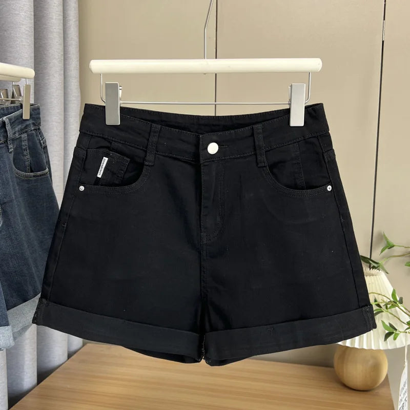 Summer New Plus Size Jeans Women's Wear 100KG Casual high-waisted rolled-up Denim Shorts Hot Pants 6318