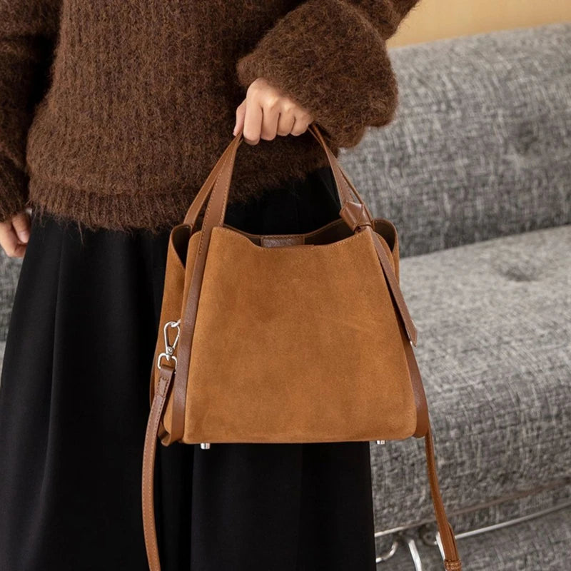 HIFASHION Luxury Genuine Leather Suede Bucket Bag For Women Vintage Top Handle Handbags Office Work Shoulder Crossbody Purses