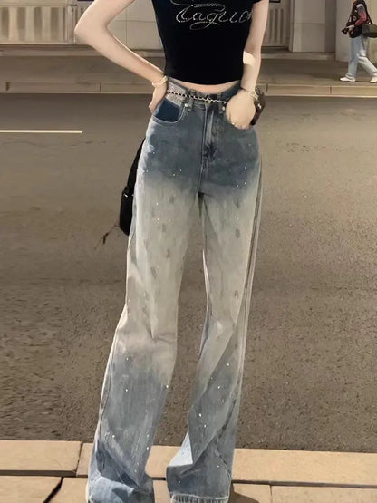 Blue Womens Jeans High Waist Shot Denim Pants for Women Straight Leg Trousers Stylish Wholesale Medium Wash Trend 2025 Original