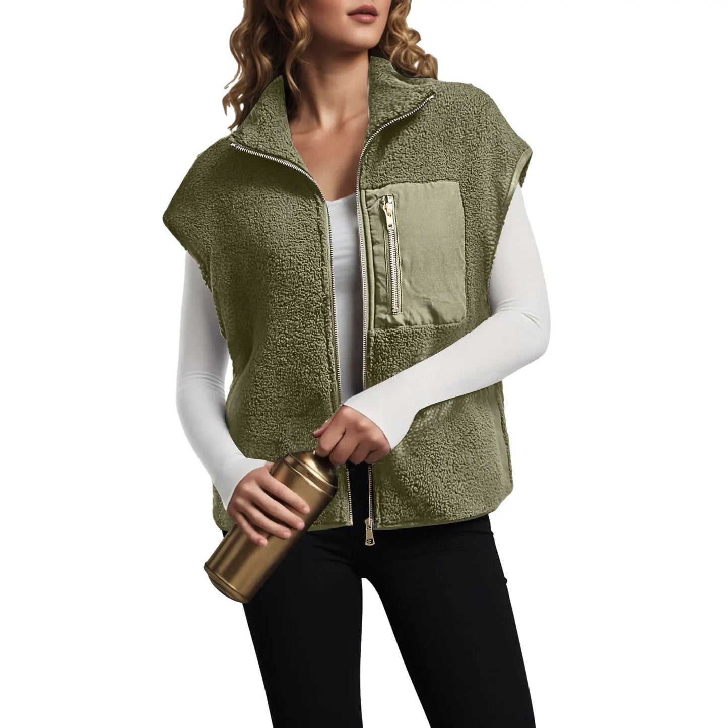 Women's Fleece Vests Sleeveless Jackets Casual Warm Cardigan Sweatshirts With Front Zipper Pockets Stand Collar Simple Outerwear