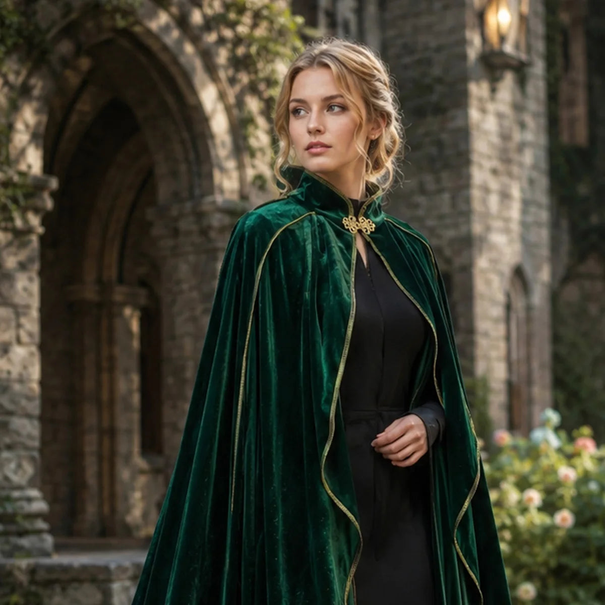 Women Medieval Cloak Adult Renaissance Victorian Deluxe Stand Collar Velvet Gold Trim Cape Halloween Cosplay
