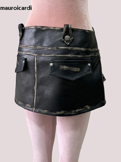Mauroicardi Summer Distressed Black Pu Leather Mini Asymmetrical Skirts for Woman High Waist Short Emo Clothes New Arrivals 2025