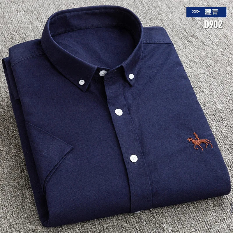 New Men's Social Shirt Short Sleeve 100% Pure Cotton Oxford Soft Buttoned Plaid Formal Male Clothes Pocket Social Shirt S-7XL