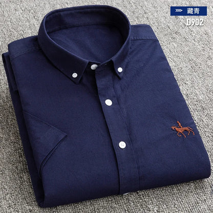New Men's Social Shirt Short Sleeve 100% Pure Cotton Oxford Soft Buttoned Plaid Formal Male Clothes Pocket Social Shirt S-7XL