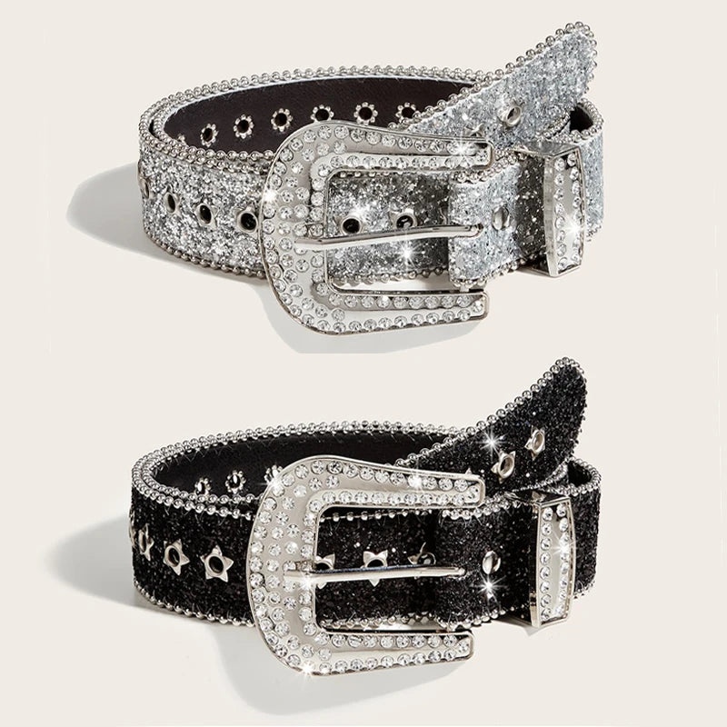 Gothic Black Silver Metal Buckle Rhinestone Belt Luxury Desiner Four Seasons Y2K Womens Jeans Belt Plus Size Men's Waistband