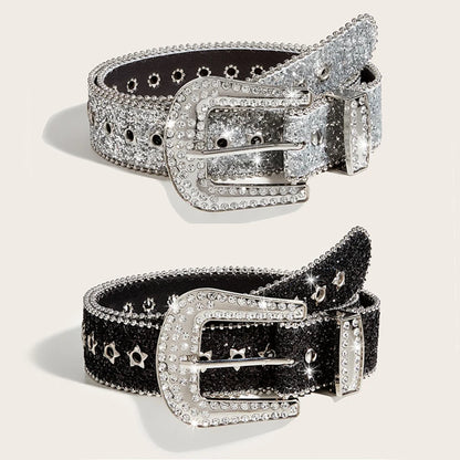 Gothic Black Silver Metal Buckle Rhinestone Belt Luxury Desiner Four Seasons Y2K Womens Jeans Belt Plus Size Men's Waistband