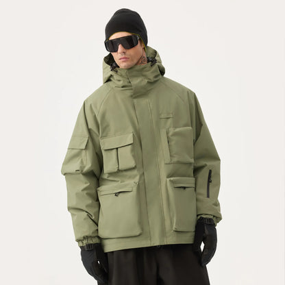 Unisex American Cargo Ski Jacket Loose Multi-Pocket Snow Coat Windproof Waterproof Warm Hooded Snowboard Jacket Men Women Skiing