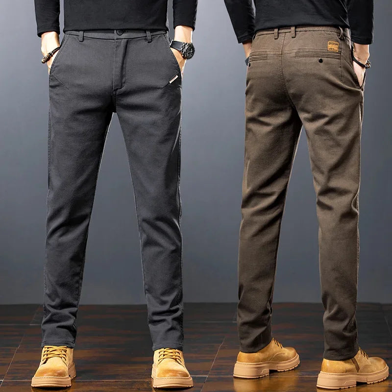Spring Men's Slim Casual Pants Business Straight Twill Cotton Elastic Trousers Brand Fashion Clothing Coffee Black Gray