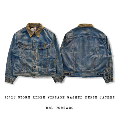 Red Tornado Distressed Denim Jacket with Blanket Lining Vintage Wash Motorcycle Style Crop Rider Trucker Jacket