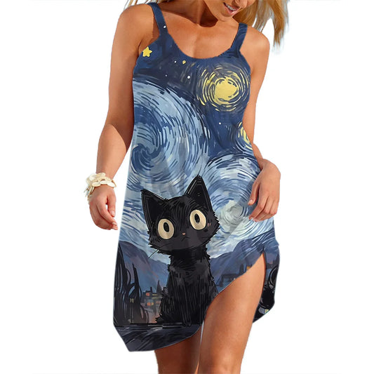 Lady Trend Streetwear Cartoon Cat Women's A-line Slip Dress Daily Soft Wear Woman Loose Dresses Summer Female Casual Clothes