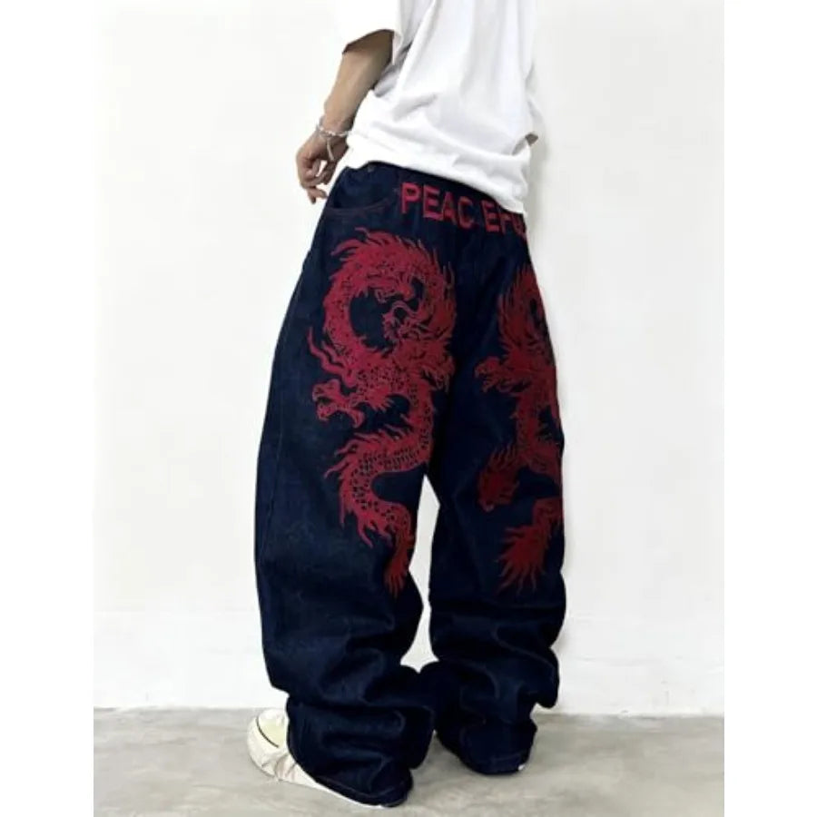Mens Baggy Jeans Embroidery Pattern Denim Trousers Wide Leg Denim Pant Loose Fit Skater Jeans Streetwear Clothing