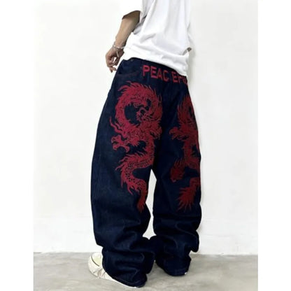 Mens Baggy Jeans Embroidery Pattern Denim Trousers Wide Leg Denim Pant Loose Fit Skater Jeans Streetwear Clothing