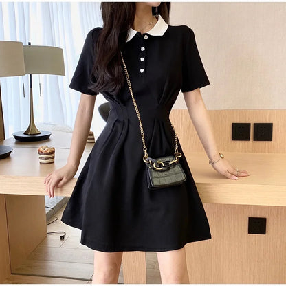 Women's Contrast Collar Polo Dress Summer Short Sleeve Button Front A Line Casual Mini Dress