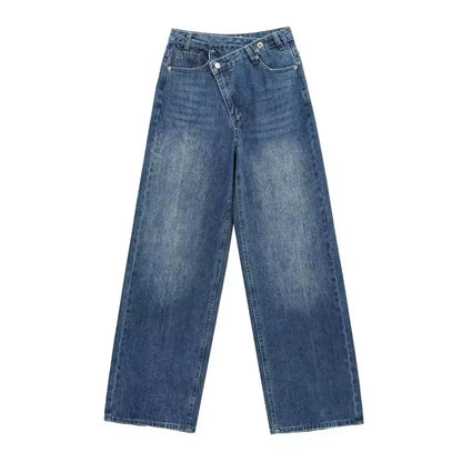 HH Women Vintage Cross Waist Wide Leg Jeans High Waist Asymmetrical Button Fly Baggy Denim Pants For Retro Street Style
