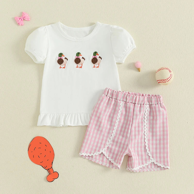 Girls Summer 2 Piece Outfits Sleeveless Floral Print Tops and Denim Shorts Sets with Bow Detail