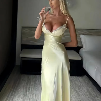 Butter Yellow Satin Bias Cut Lace Patchwork Midi Dress Women's V Neck Backless Suspenders Dresses 2026 New Dinner Party Vestidos