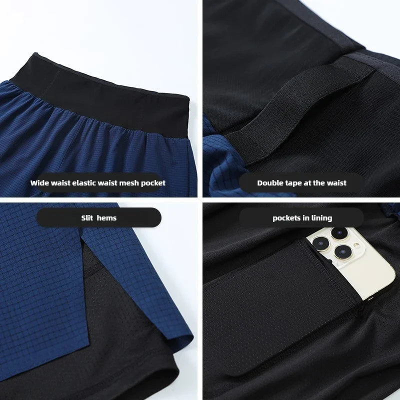 Double Deck Sports Shorts Men 2 in 1 Marathon Fitness Running Shorts Male Short Gym Man Basketball Workout Pants Multi-pocket