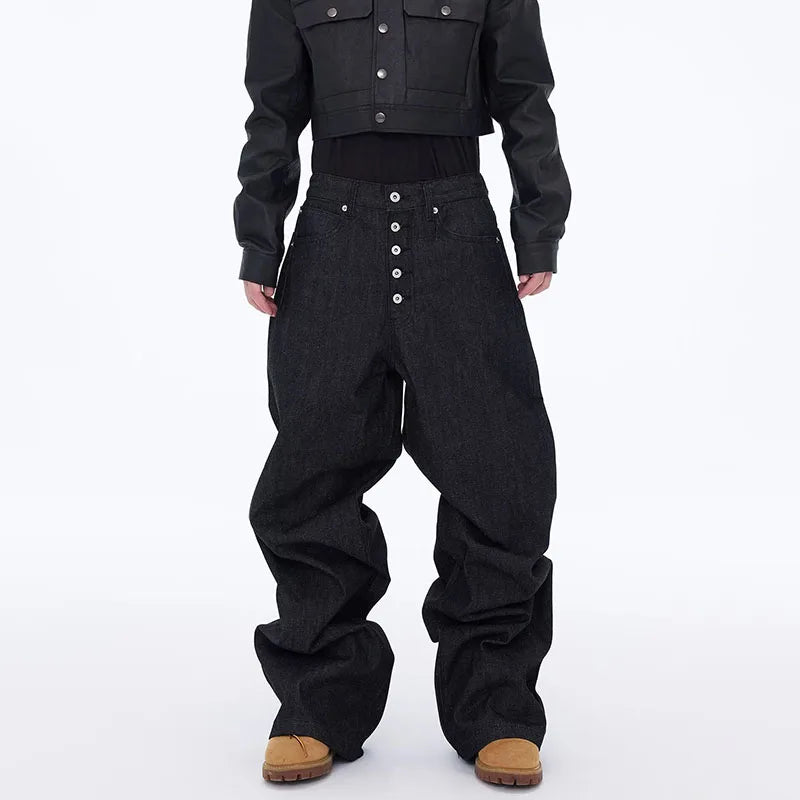 High Street Retro Buckle Design For Men'S Jeans Street Ruff And Handsome Loose Casual Wide Leg Pants Black Jeans