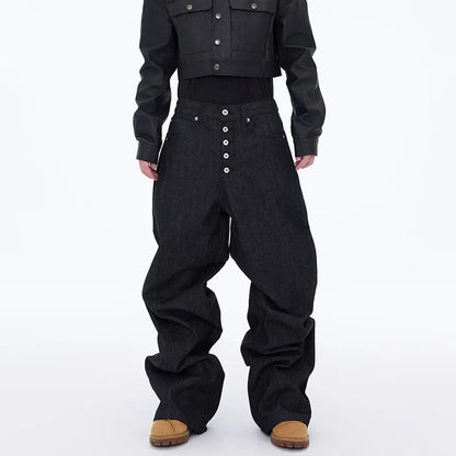 High Street Retro Buckle Design For Men'S Jeans Street Ruff And Handsome Loose Casual Wide Leg Pants Black Jeans