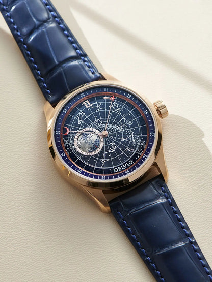 OBLVLO Simple Fashion Automatic Mechanical Watch for Men Luminous Earth Star Leather Strap Waterproof Casual Gift Clock GC