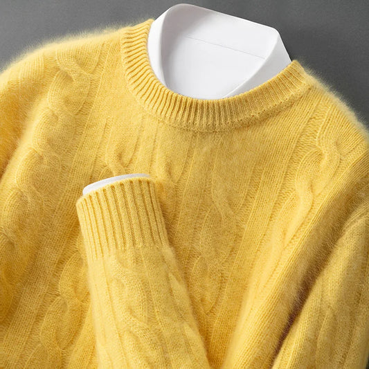 ZOCEPT 100% Natural Cashmere Men's Sweater Autumn Winter Thick Warm O-Neck Casual Pullover Knitted Twisted Flower Sweater Top
