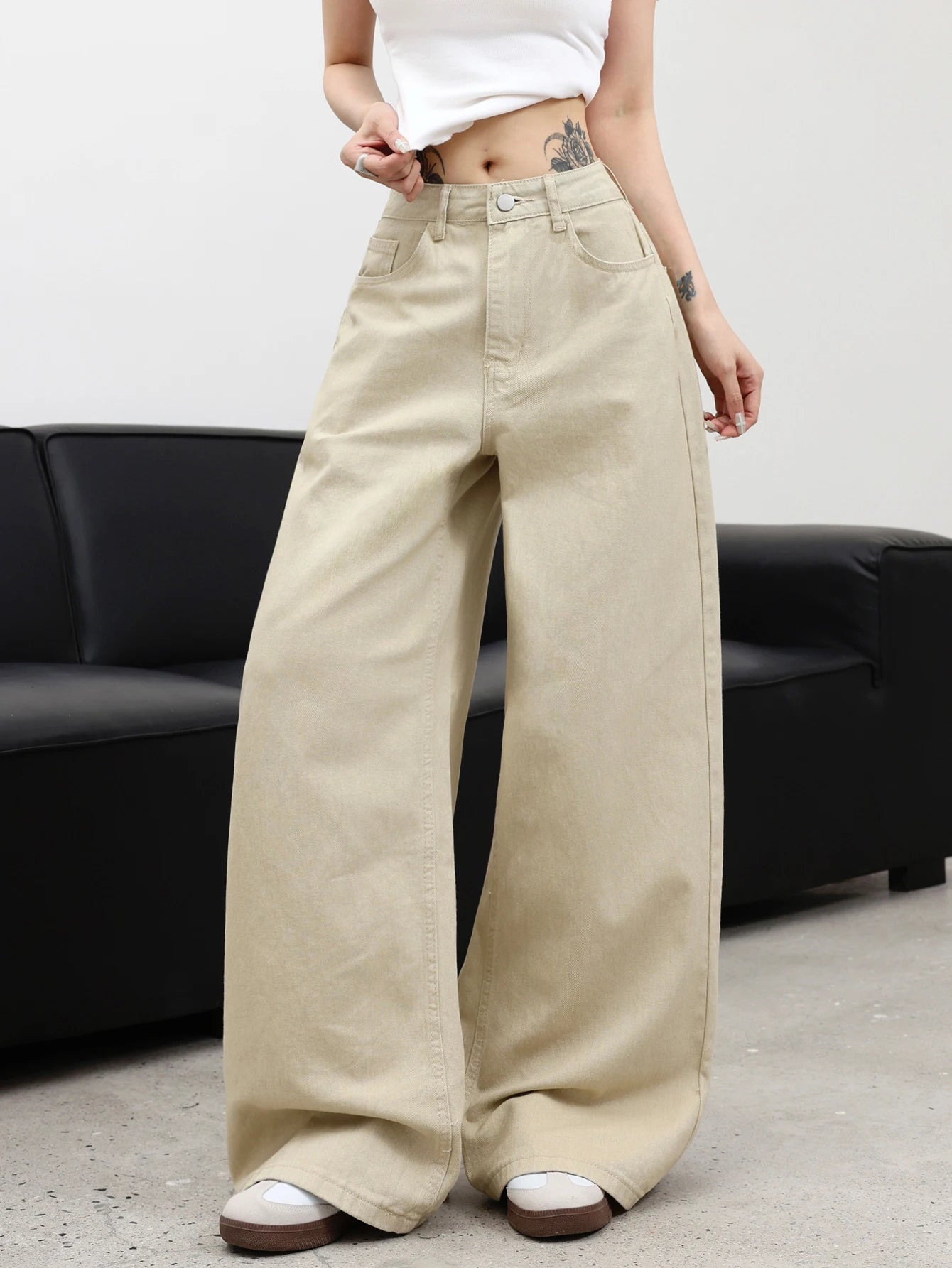 Women's Basic Simple Versatile Solid Color Wide-Leg Jeans, Comfortable And Breathable, Perfect For Street Outings And Travel