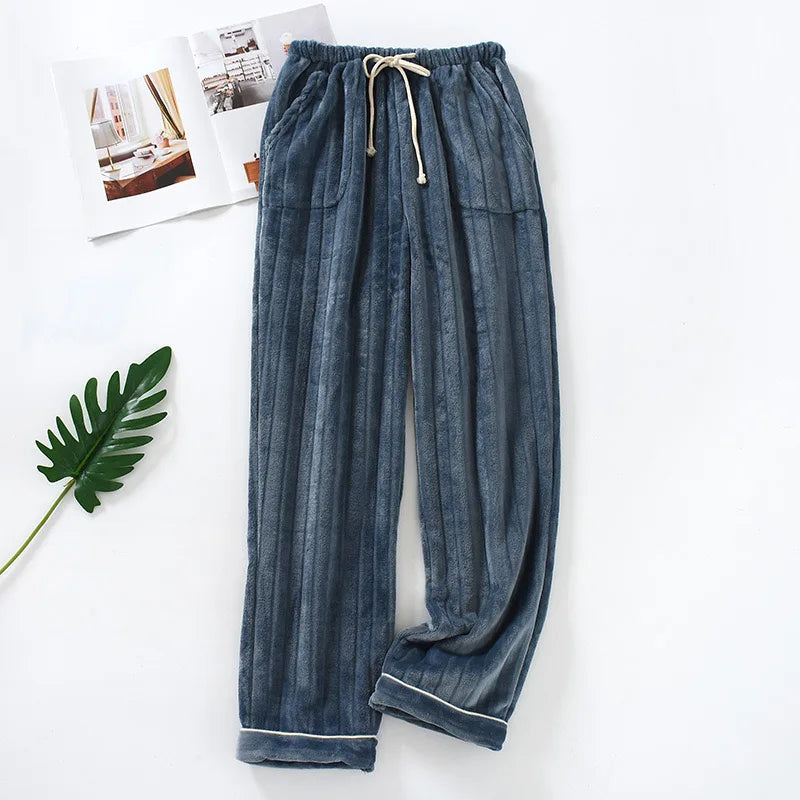 New Plush Winter Thick Sleep Men Pants Flannel Sleep Bottoms Plus Velvet Home Pajama Coral Fleece Male Sleepwear With Pocket
