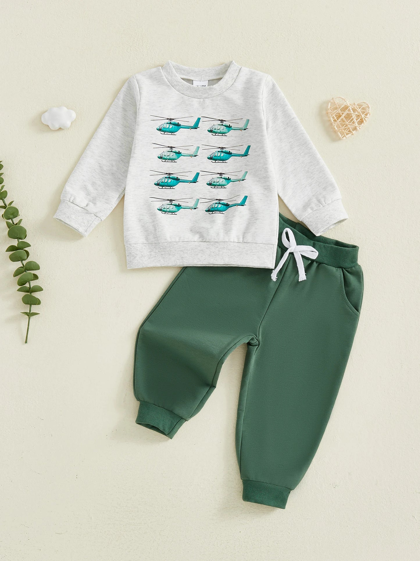 Baby 2Pcs Fall Outfits Long Sleeve Helicopter Print Sweatshirt Pants Set Kid Clothes