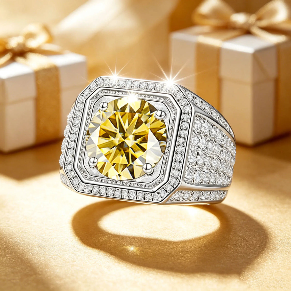 925 silvers yellow moissanite wide ring, starry sky classic men's ring, jewelry, geometric fashion,