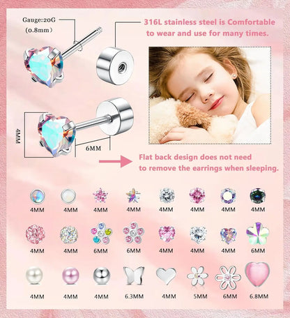 24Pairs Stainless Steel Stud Earrings for Women CZ Screw Back 4mm Tiny Flat Back Studs Cute Dainty Jewelry Gift Set 16G 18G