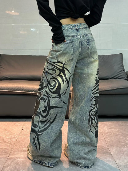American-Style Vintage Washed Distressed Totem Print Loose Jeans, Street Fashion Trendy Versatile High-Waist Wide-Leg Pants For Women