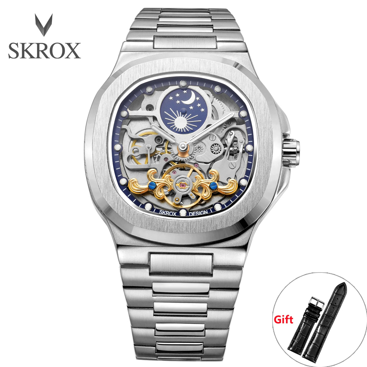 2026 High-end Luxury SKROX Square Man Watch Sapphire Stainless Steel Skeleton Moon Phase Classic Automatic Movement Male Watches