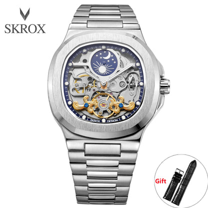 2026 High-end Luxury SKROX Square Man Watch Sapphire Stainless Steel Skeleton Moon Phase Classic Automatic Movement Male Watches