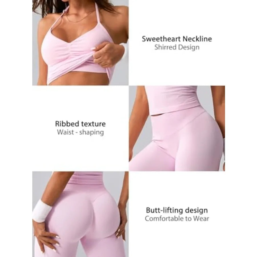 2 Pcs Ribbed Seamless Workout Sets for Women No Front Seam High Waisted Yoga Leggings and Adjustable Halter Bra Work Out Set
