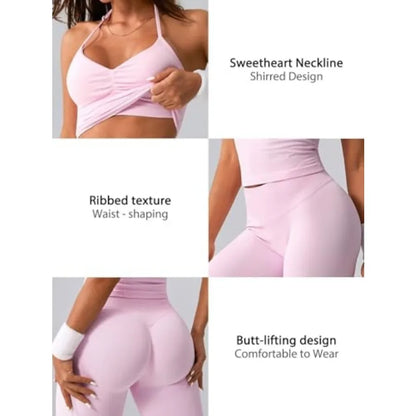 2 Pcs Ribbed Seamless Workout Sets for Women No Front Seam High Waisted Yoga Leggings and Adjustable Halter Bra Work Out Set