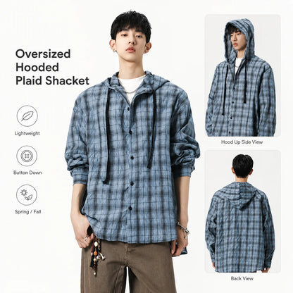 Mens Unisex Oversized Hooded Flannel Style Plaid Shirt Jacket Long Sleeve Button Down Casual Lightweight Jacket for Spring Fall
