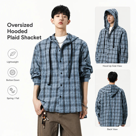 Mens Unisex Oversized Hooded Flannel Style Plaid Shirt Jacket Long Sleeve Button Down Casual Lightweight Jacket for Spring Fall