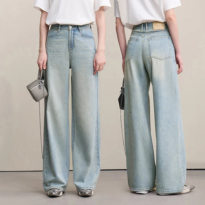 Amii Women's Jeans 2026 Summer New Casual Cotton Wide Leg Pants Silver Foil Print Versatile Loose Fit Denim Trousers 12652046