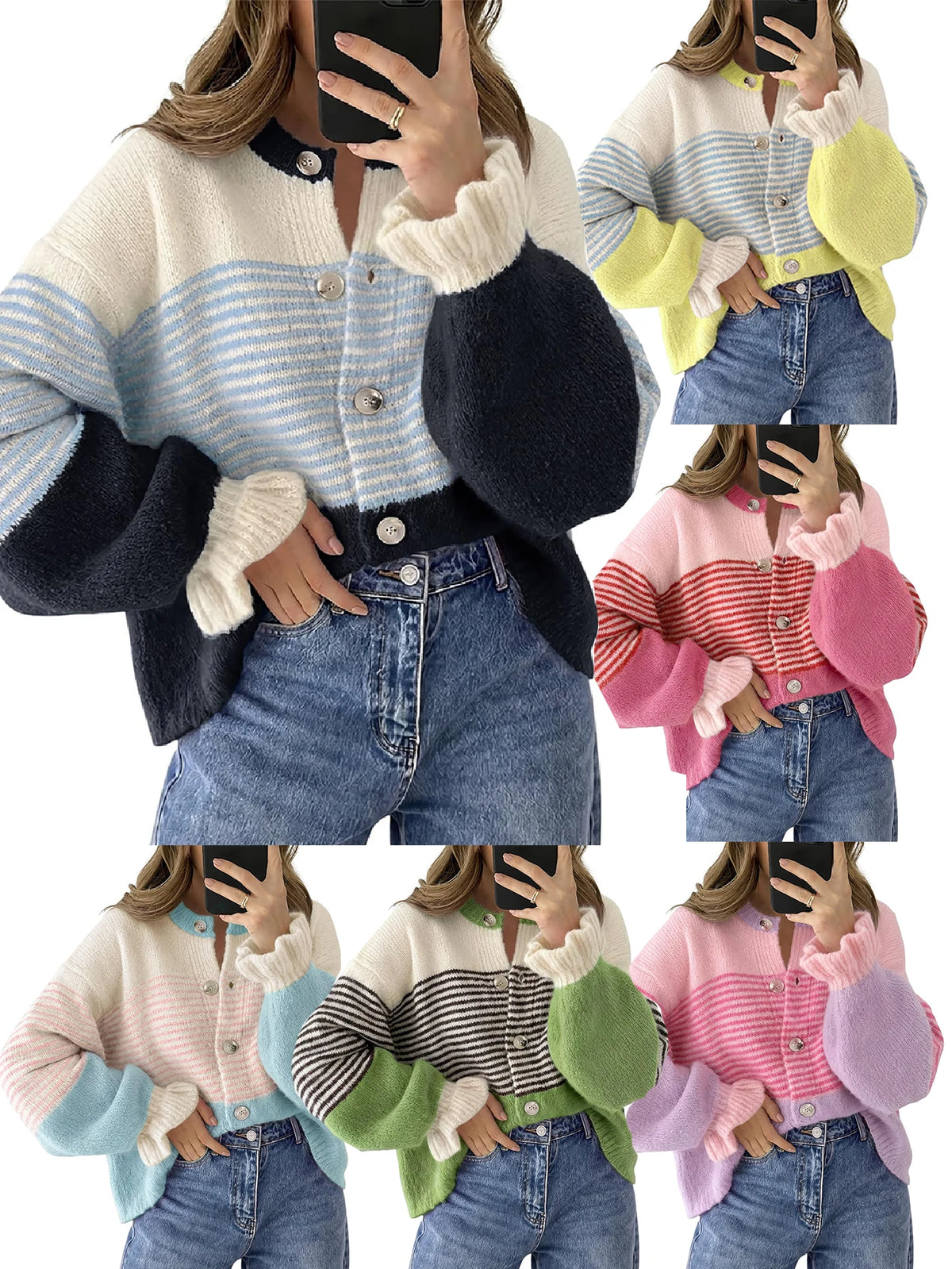 Womens Fall Striped Loose Cardigan Sweaters Ruffle Sleeve Button Up Color Block Sweater Coats