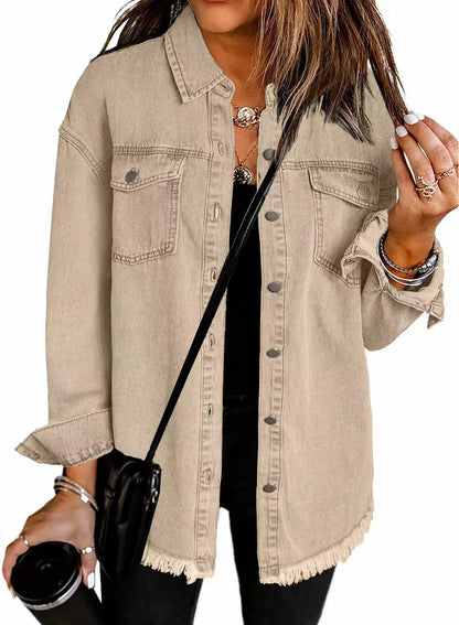 Autumn Winter New Women's Outerwear Denim Shirt Jacket Washed Finish Distressed Hem Single Row Buttons Pockets Street Fashion