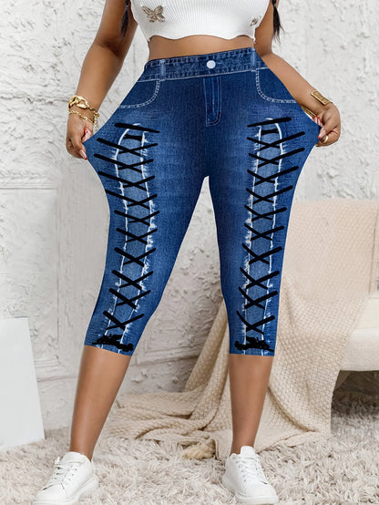 Plus Size High Waist Biker Shorts, 3-Button Tummy Control Yoga Shorts, Faux Denim Jean Look Compression Cycling Shorts