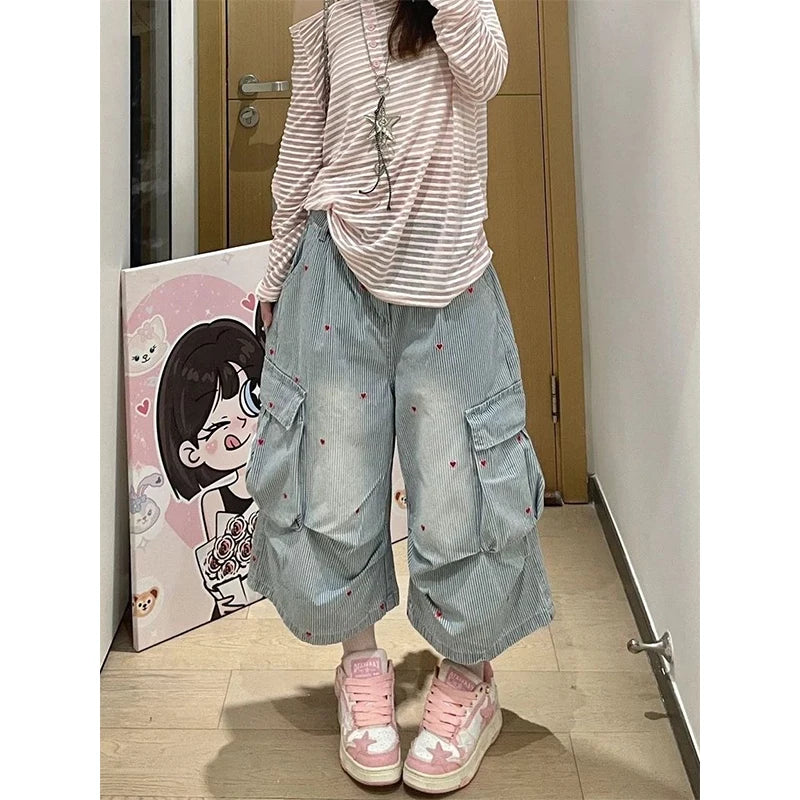 Vintage Summer 90s Cargo Jeans Women Y2k Retro Blue Stripe Wide Leg Pants Hip Hop Streetwear Baggy Pockets Denim Shorts