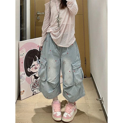 Vintage Summer 90s Cargo Jeans Women Y2k Retro Blue Stripe Wide Leg Pants Hip Hop Streetwear Baggy Pockets Denim Shorts