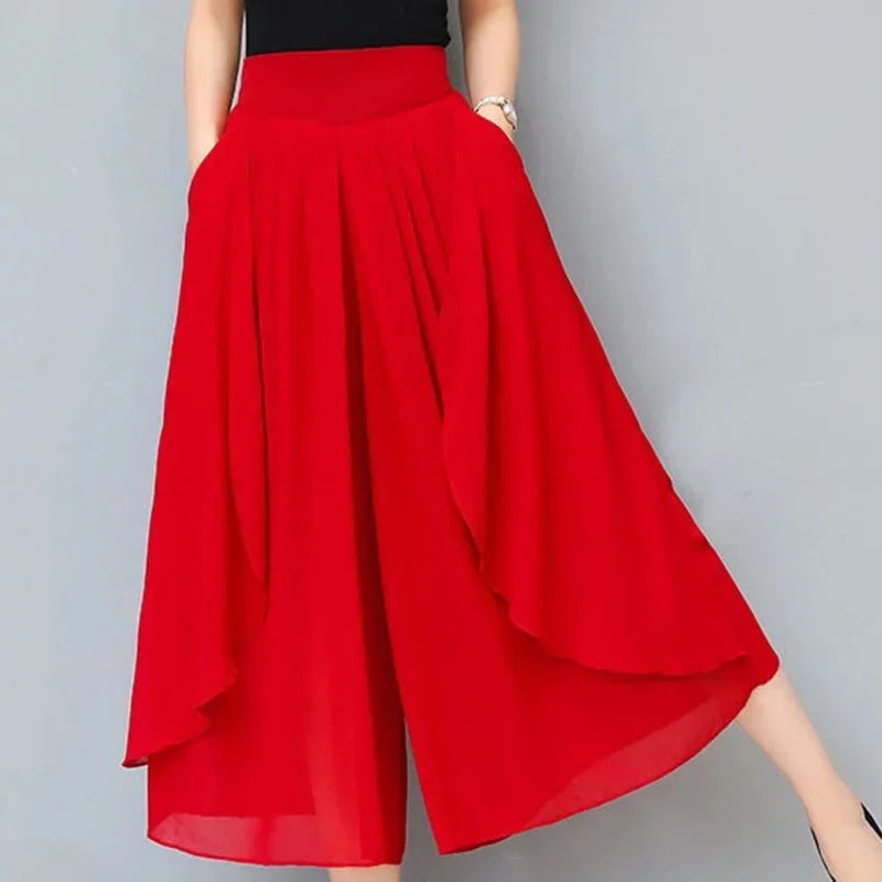 Elegant Solid Color Loose Elastic High Waist Folds Ruffles Capris Women's New Office Lady Commute Irregular Casual Pants